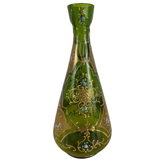 Vintage Signed Moser Art Glass Long Neck Vase Green Gold Gilt Good Condition - Picture 2 of 11